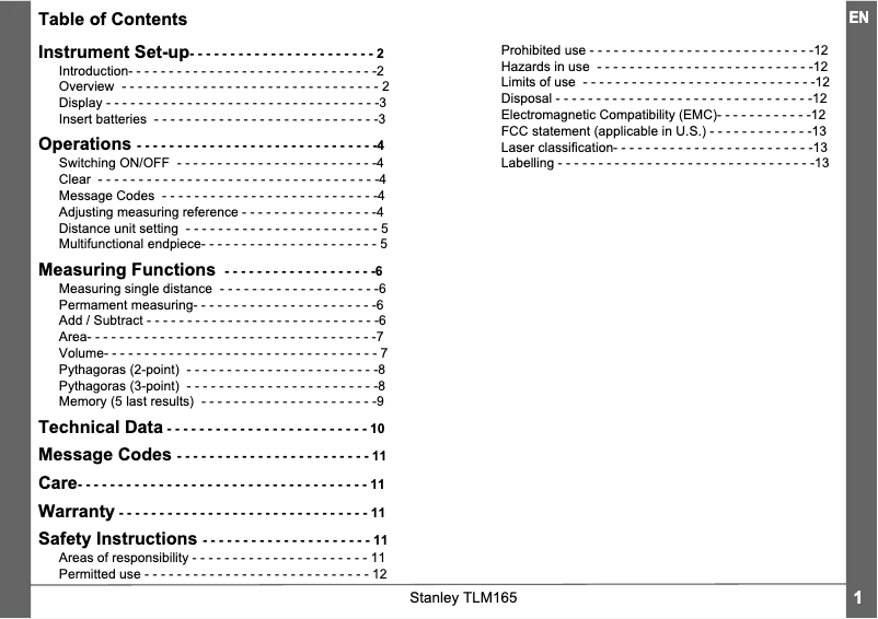 Page 1 de la notice Manuel utilisateur Stanley TLM165