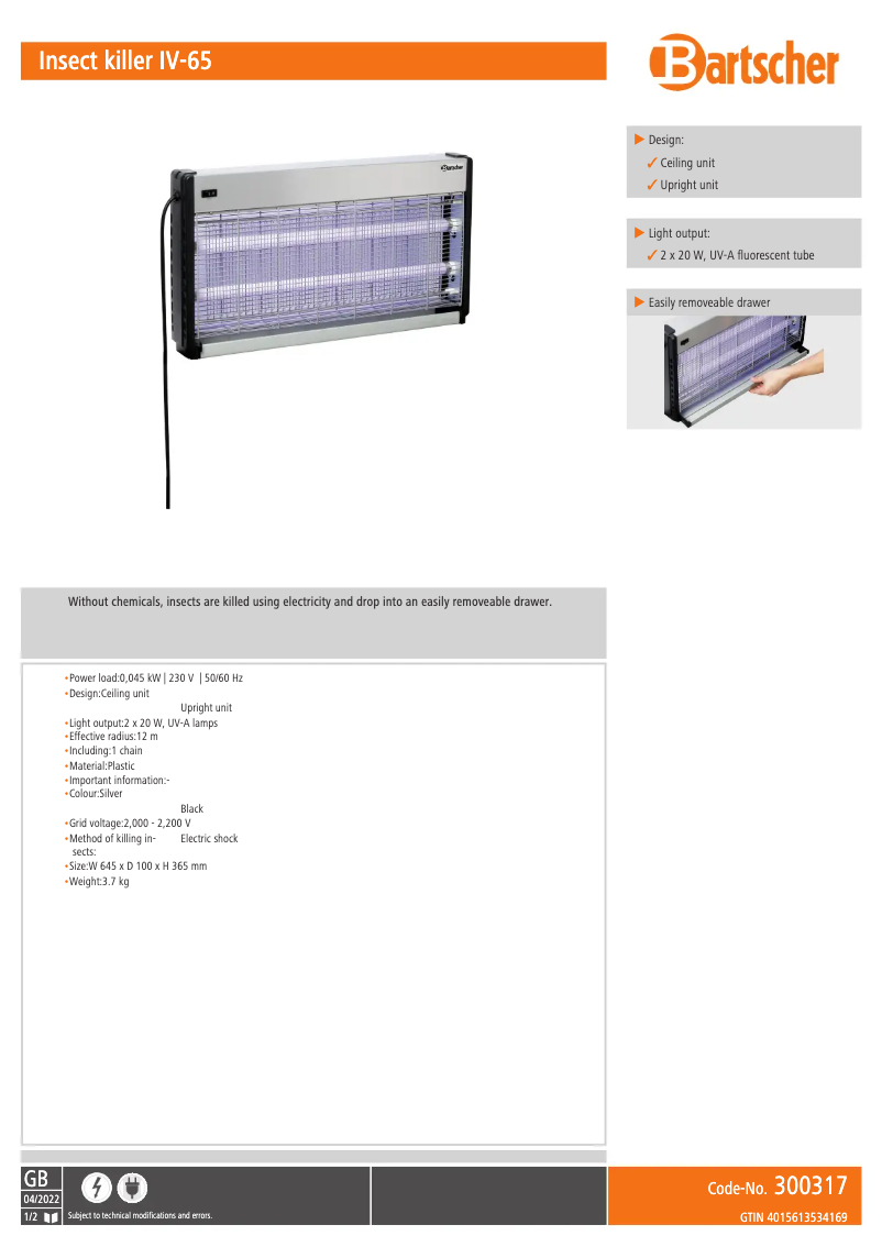 Page 1 of the manual Technical Sheet Bartscher IV-65