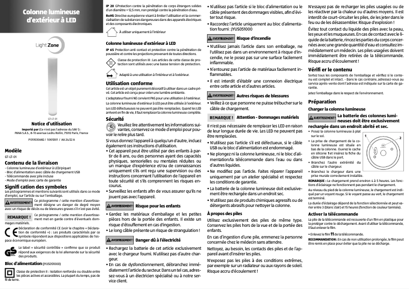 Page 1 de la notice Manuel utilisateur LightZone GT-LT-01