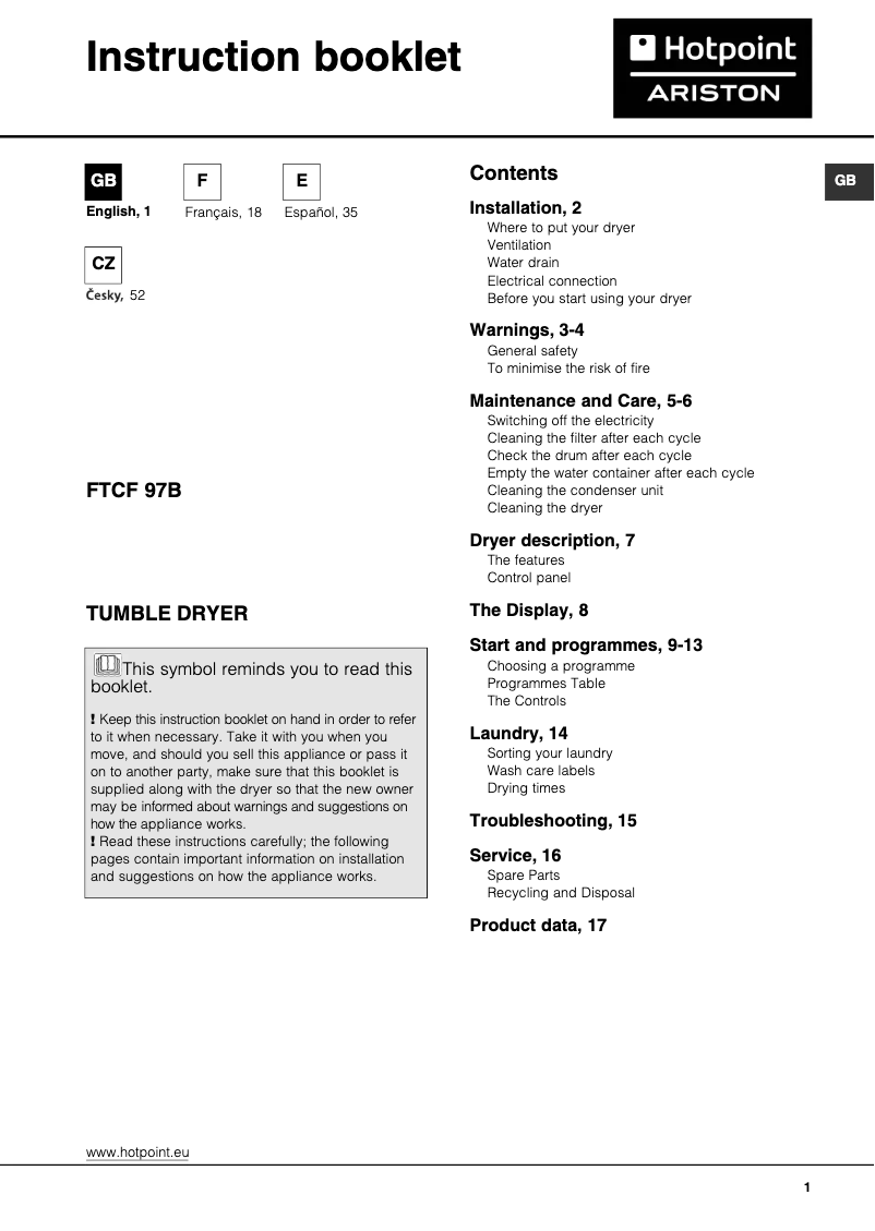 Image de la première page du manuel de l'appareil FTCF 97B 6HY (EU)