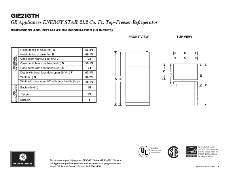 Page 1 de la notice Fiche technique GE GIE21GTHWW