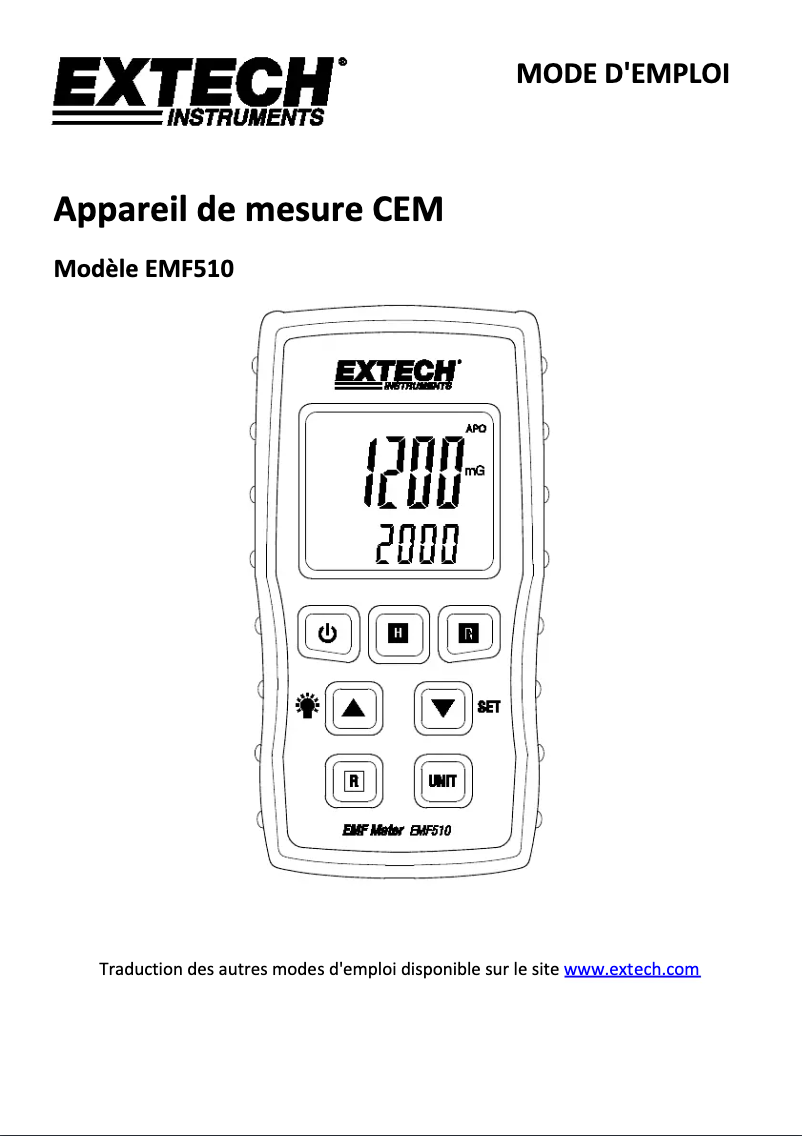 Page 1 de la notice Manuel utilisateur Extech EMF510