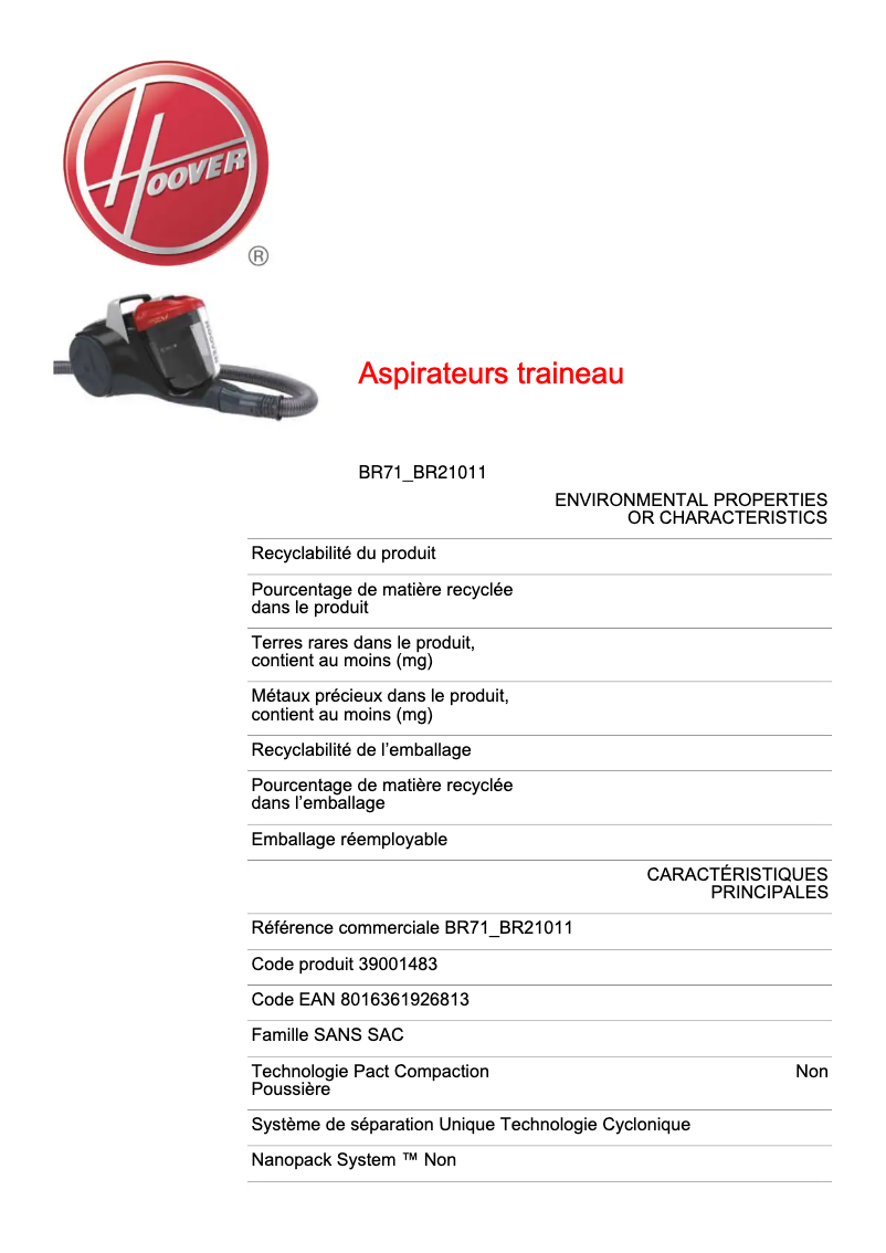 Page 1 de la notice Fiche technique Hoover BR71_BR21011