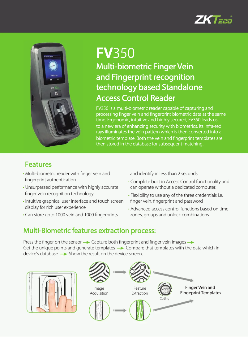 Page 1 de la notice Fiche technique ZKTeco FV350