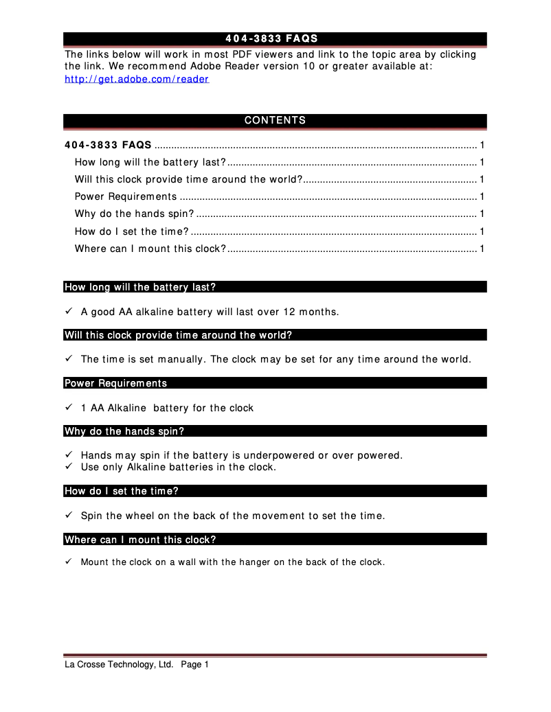Page 1 de la notice FAQ La Crosse Technology 404-3833