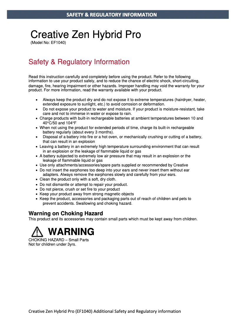 Page 1 de la notice Instructions de sécurité Creative Zen Hybrid Pro