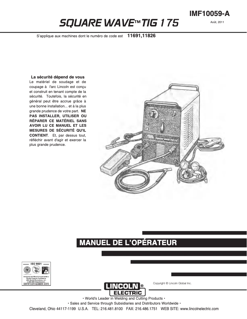 Page 1 de la notice Manuel utilisateur Lincoln Electric Square Wave TIG 175