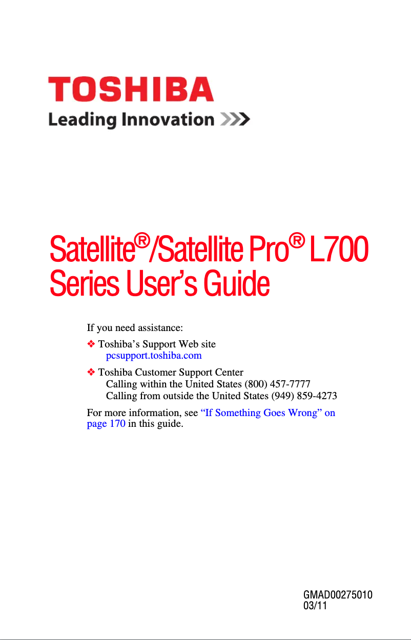 Page 1 de la notice Manuel utilisateur Toshiba Satellite Pro L700