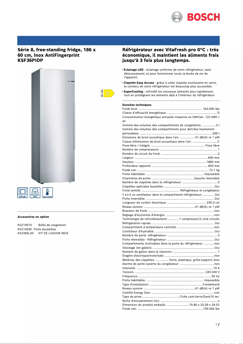 Page 1 de la notice Fiche technique Bosch KSF36PIDP