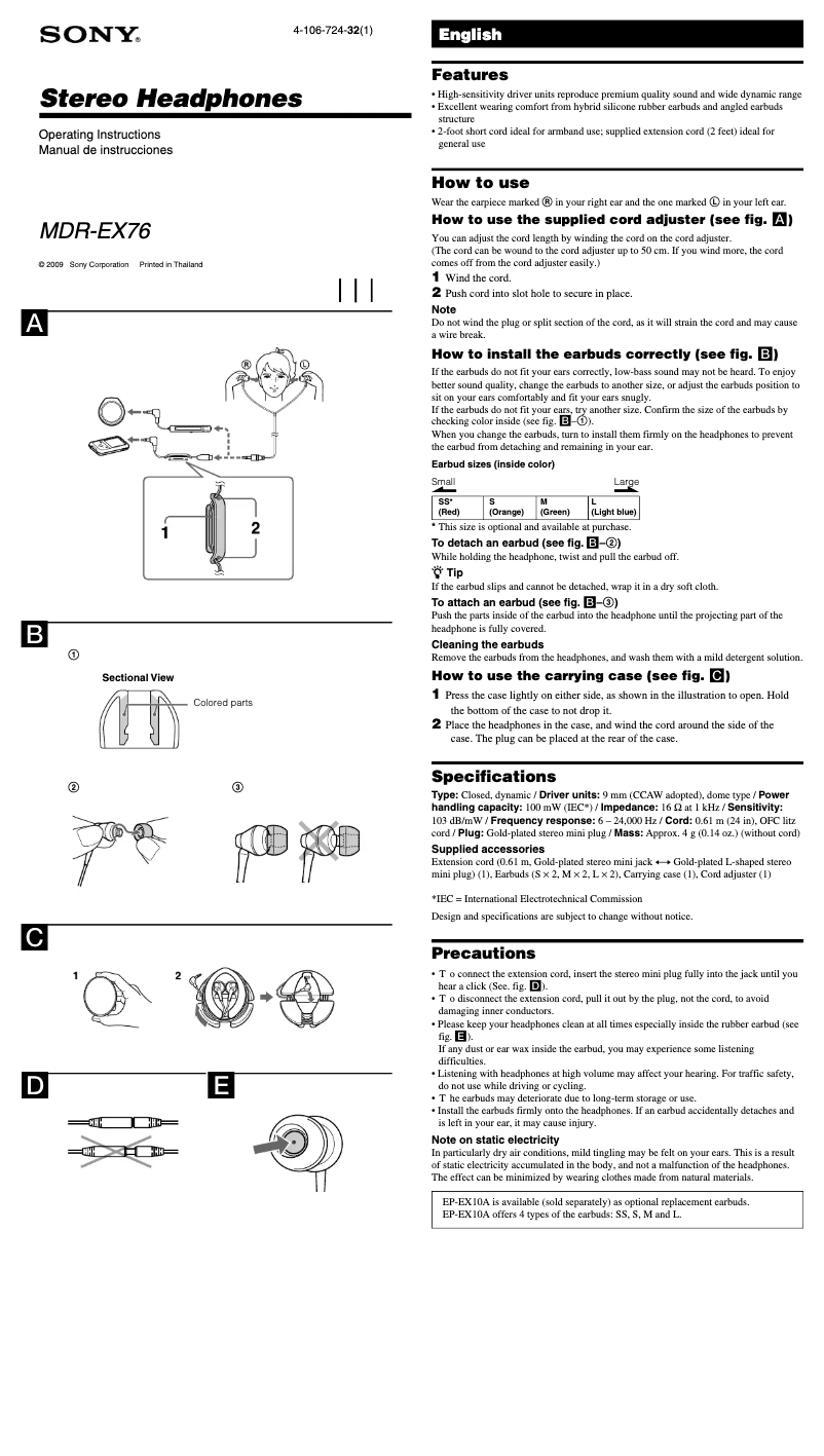Image de la première page du manuel de l'appareil MDR-EX76