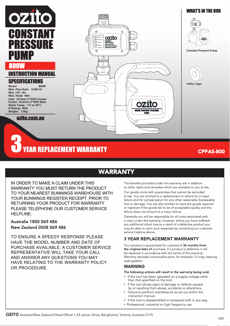 Page n°1 - Manuel utilisateur Ozito CPPAS-800