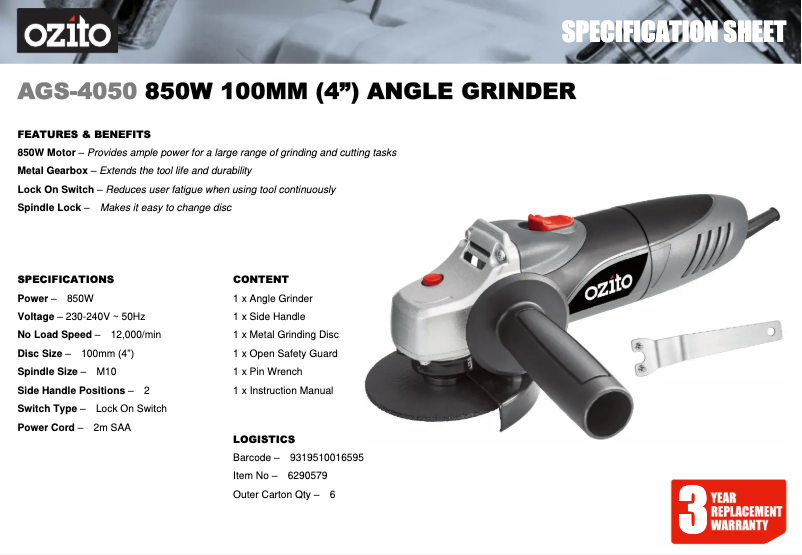 Página 1 del manual Ficha técnica Ozito AGS-4050