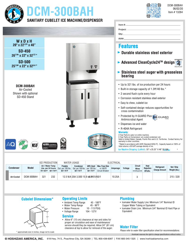 Page 1 de la notice Fiche technique Hoshizaki DCM-300BAH