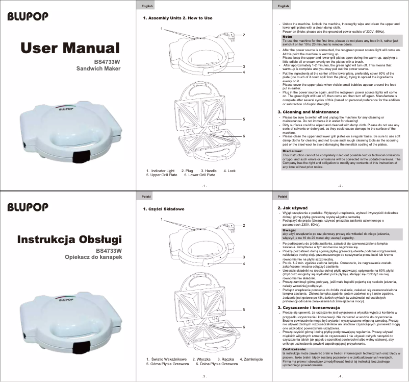 Page n°1 - Manuel utilisateur Blupop BS4733W