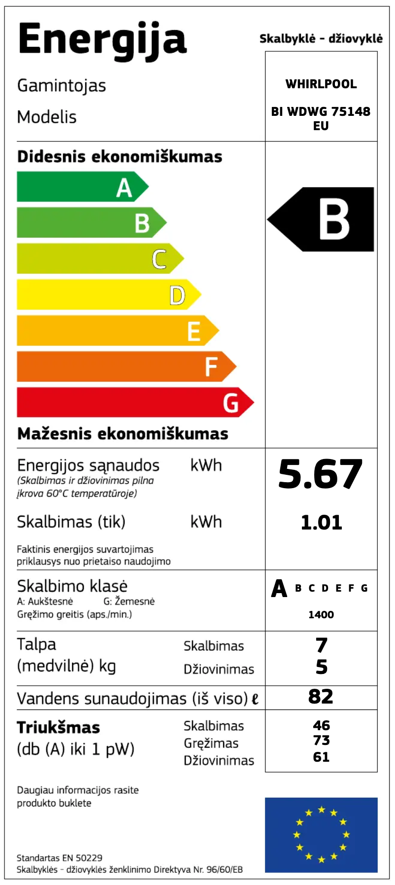 Page 1 de la notice Label énergétique Whirlpool BI WDWG 75148 EU