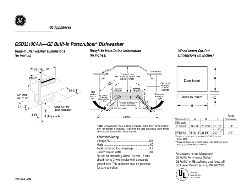Page n°1 - Fiche technique GE GSD3310CAA