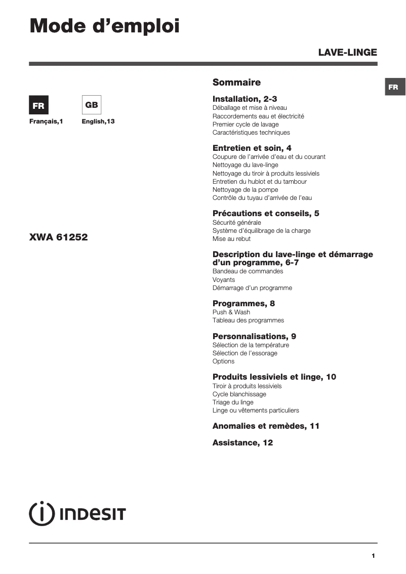 Page n°1 - Manuel utilisateur Indesit XWA 61252