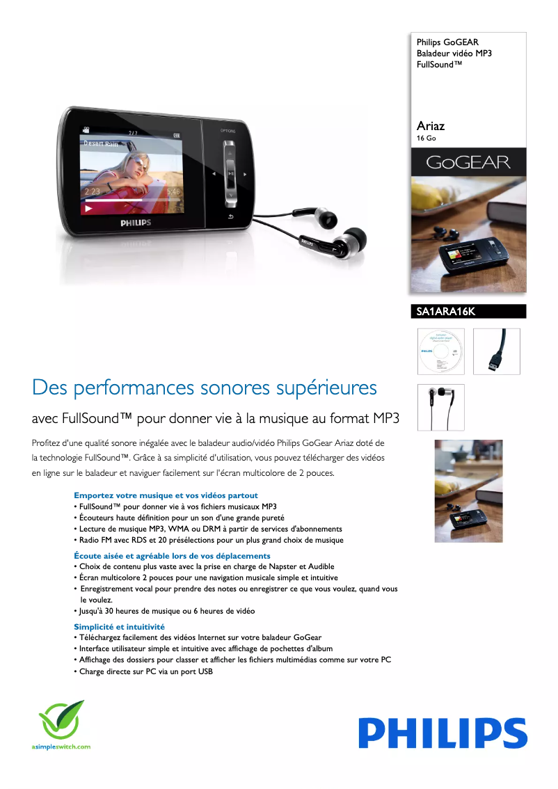 Page 1 de la notice Fiche technique Philips GoGear SA1ARA16K