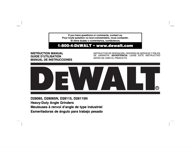 Page n°1 - Manuel d'utilisation et d'entretien DeWalt D28065N