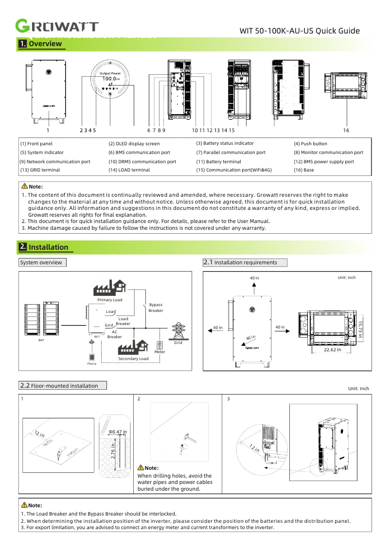 Page 1 de la notice Manuel utilisateur Growatt WIT 50-100K-AU-US