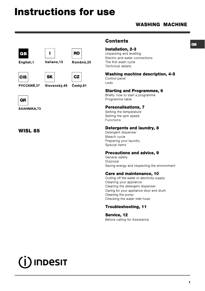 Page 1 de la notice Manuel utilisateur Indesit WISL 85