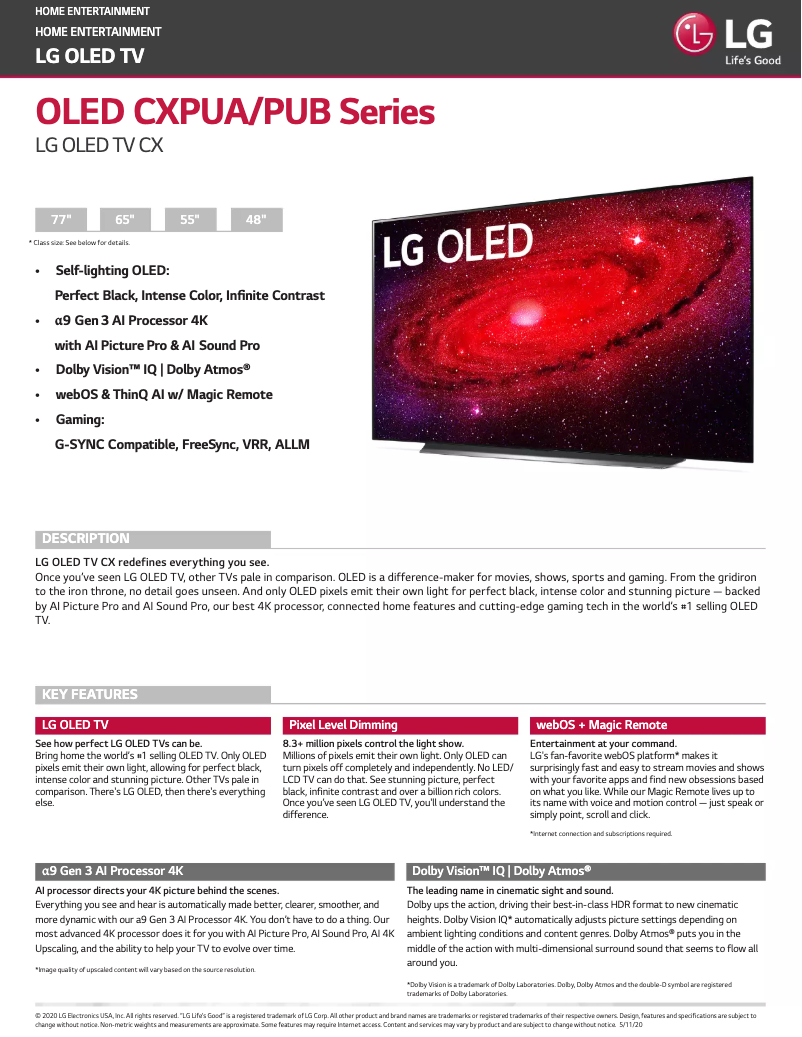 Página 1 del manual Ficha técnica LG OLED77CXPUA