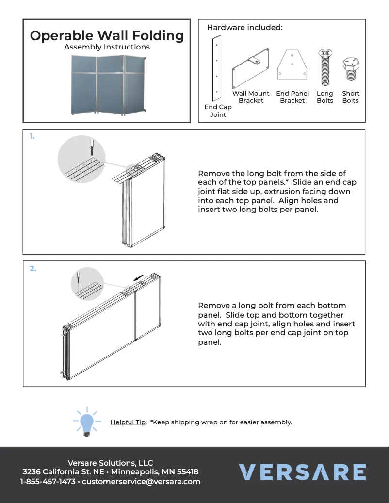 Page 1 de la notice Manuel utilisateur Versare Operable Wall 1070308