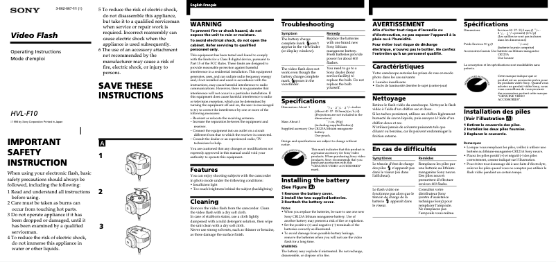 Page 1 de la notice Manuel utilisateur Sony HVL-F10