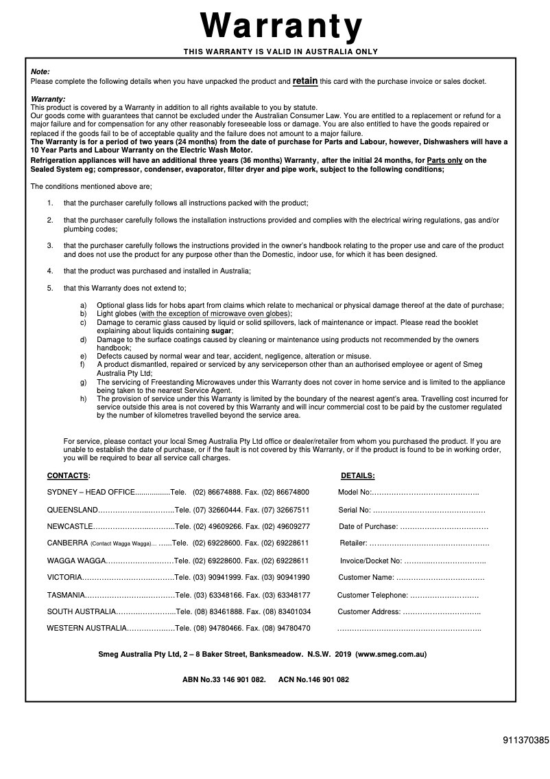 Page 1 de la notice Informations de garantie Smeg SOA4606WM2PNR
