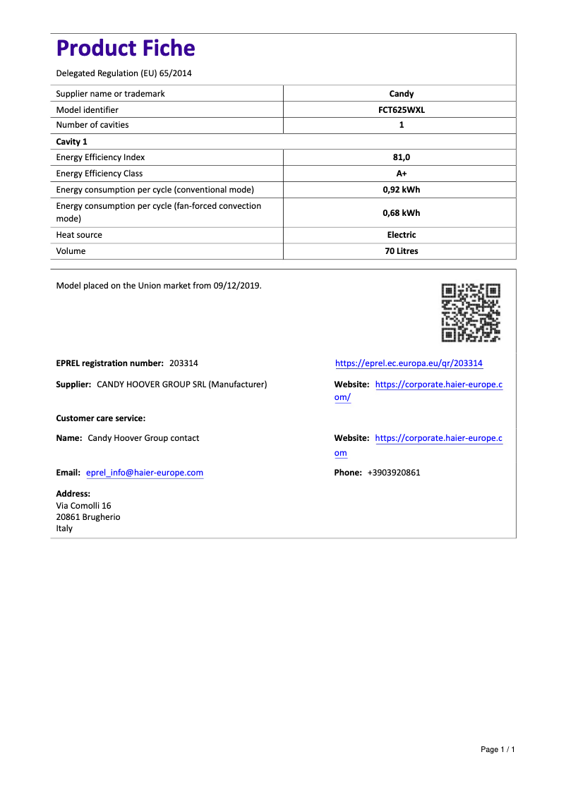 Page 1 de la notice Manuel utilisateur Candy FCT625WXL