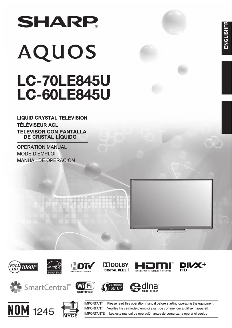 Image de la première page du manuel de l'appareil Aquos LC-70LE845U