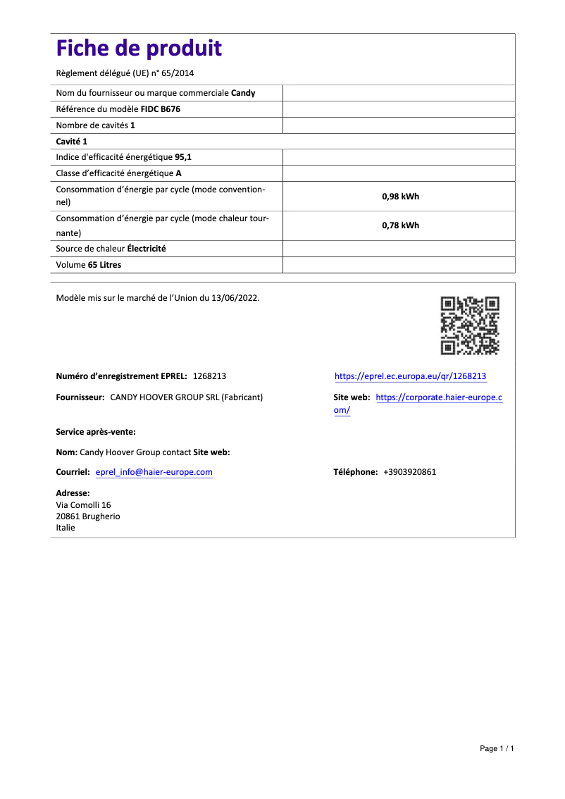 Page 1 de la notice Fiche technique Candy FIDC B676
