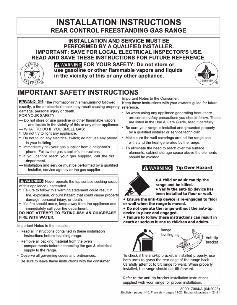 Page n°1 - Guide d'installation Frigidaire FCRG3062AS