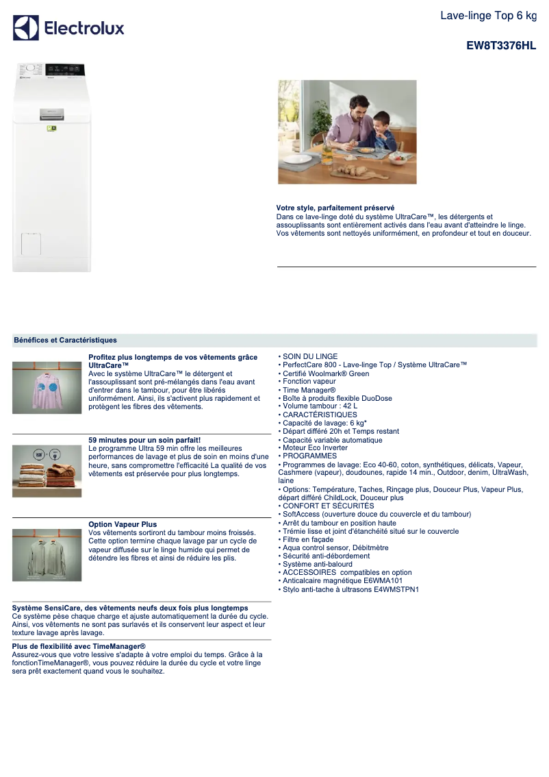 Page n°1 - Fiche technique Electrolux EW8T3376HL