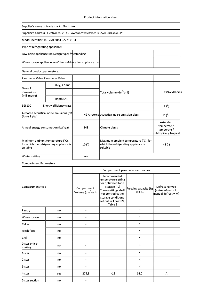 Page 1 de la notice Fiche technique Electrolux LUT7ME28X4