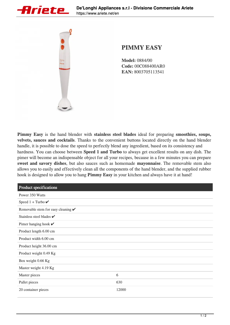 Image de la première page du manuel de l'appareil Pimmy Easy 884