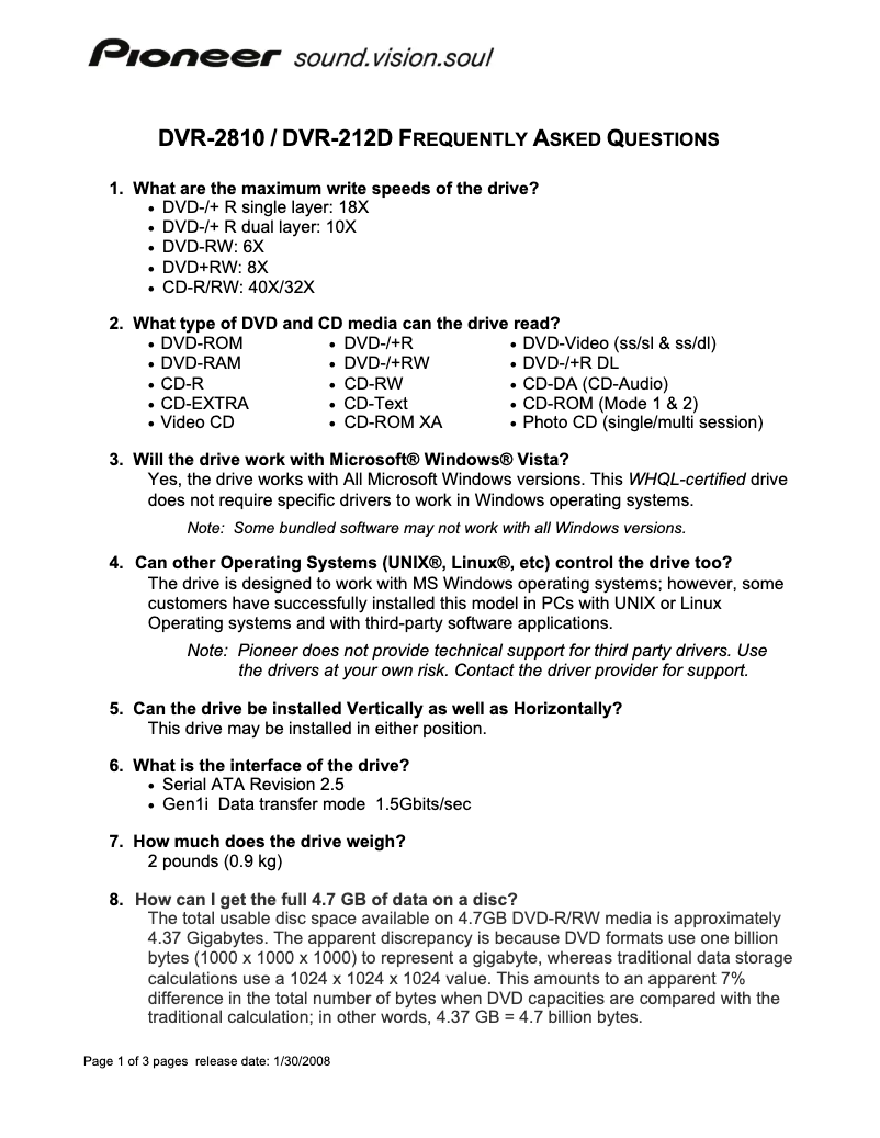 Page n°1 - FAQ Pioneer DVR-212D