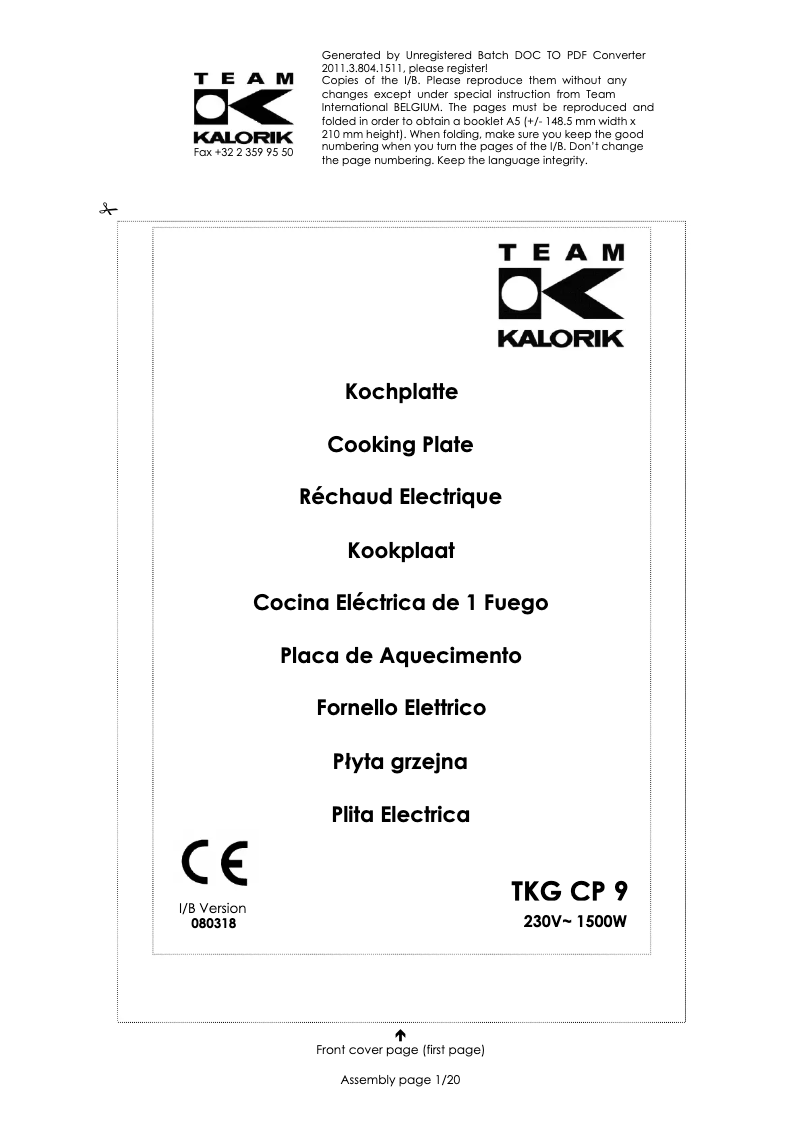 Página 1 del manual Manual de usuario Kalorik TKG CP 9