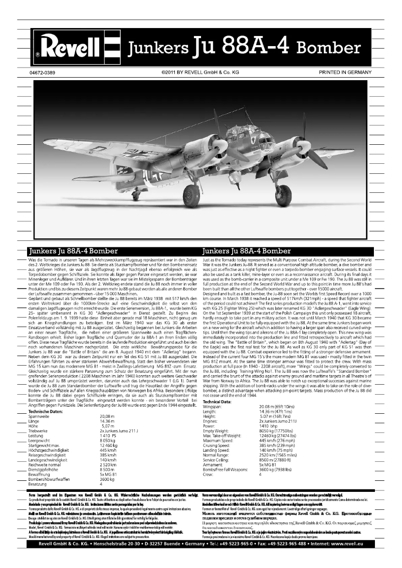 Image de la première page du manuel de l'appareil Junkers Ju88 A-4 Bomber