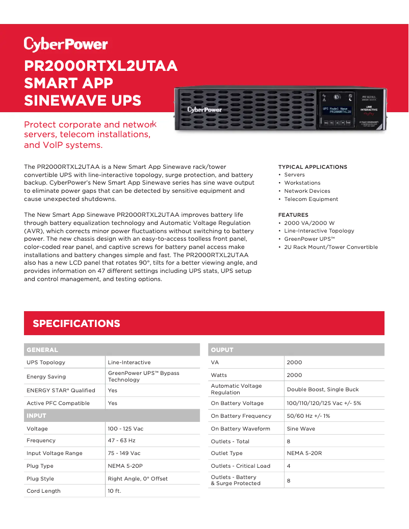 Page 1 de la notice Fiche technique CyberPower Smart App Sinewave PR2000RTXL2UTAA