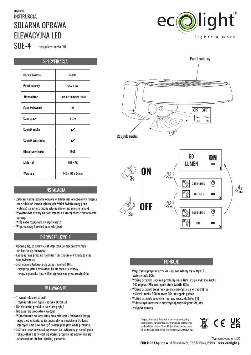 Page 1 de la notice Manuel utilisateur Ecolight SOE-4