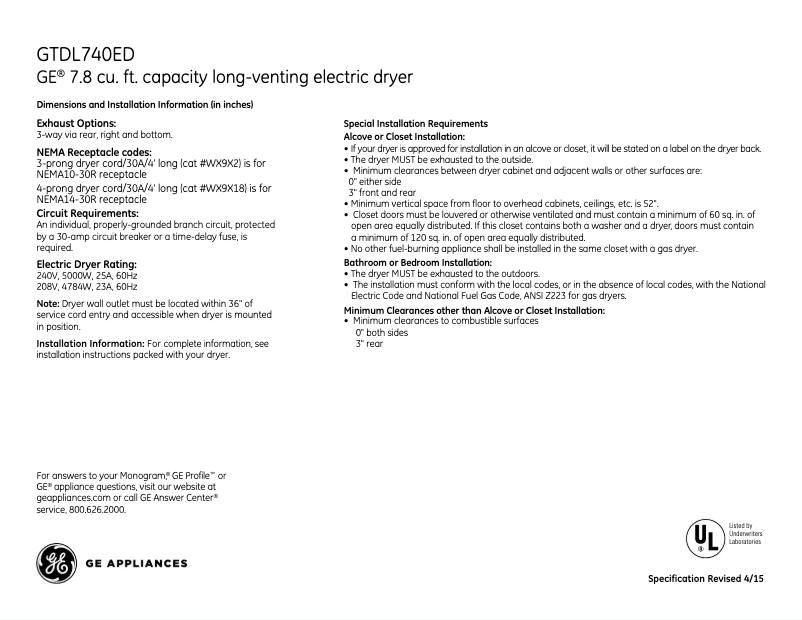 Image de la première page du manuel de l'appareil GTDL740EDWW