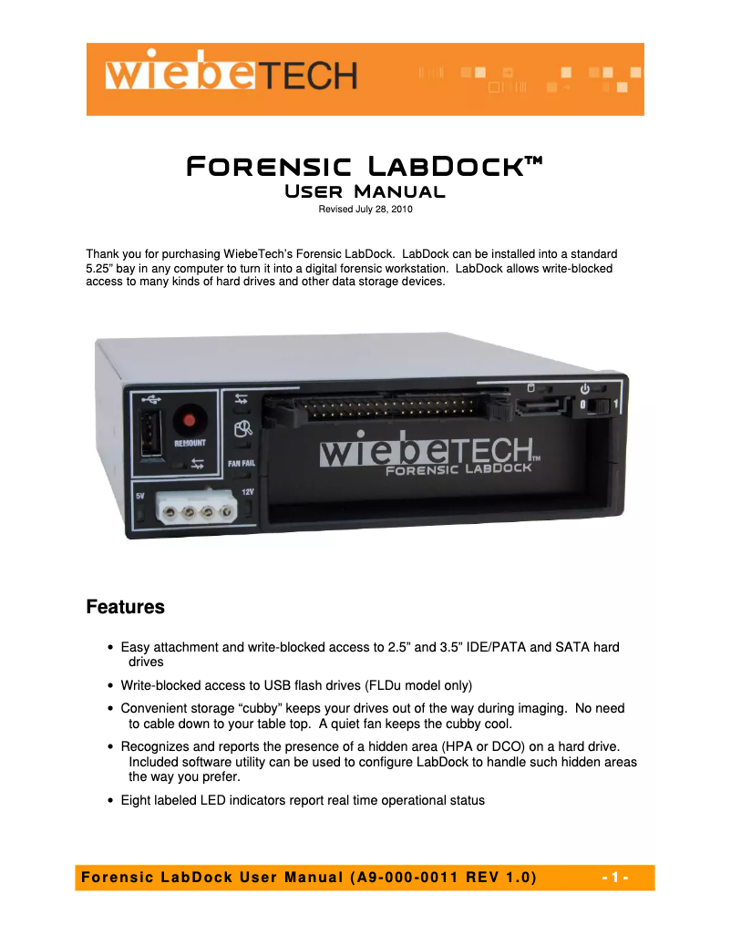 Page 1 de la notice Manuel utilisateur Wiebetech Forensic LabDock