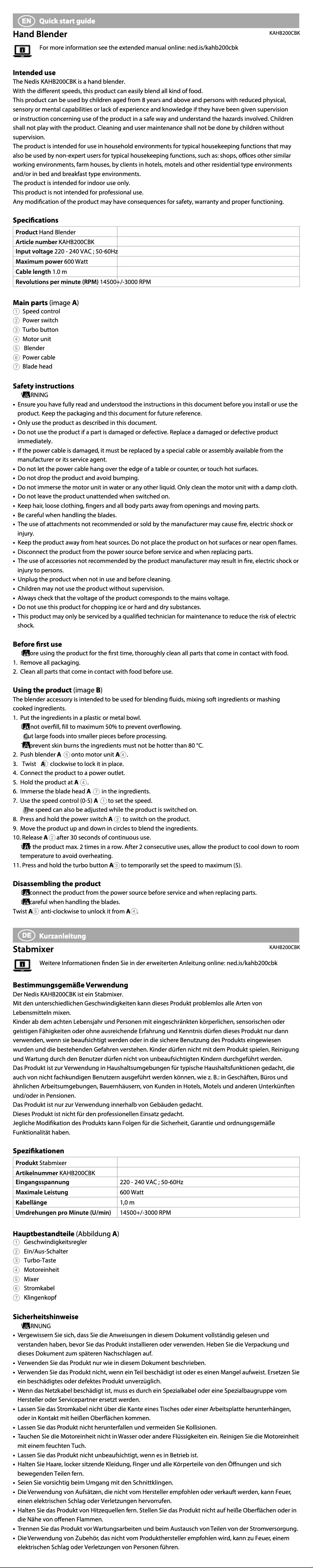 Page 1 de la notice Manuel utilisateur Nedis KAHB200CBK