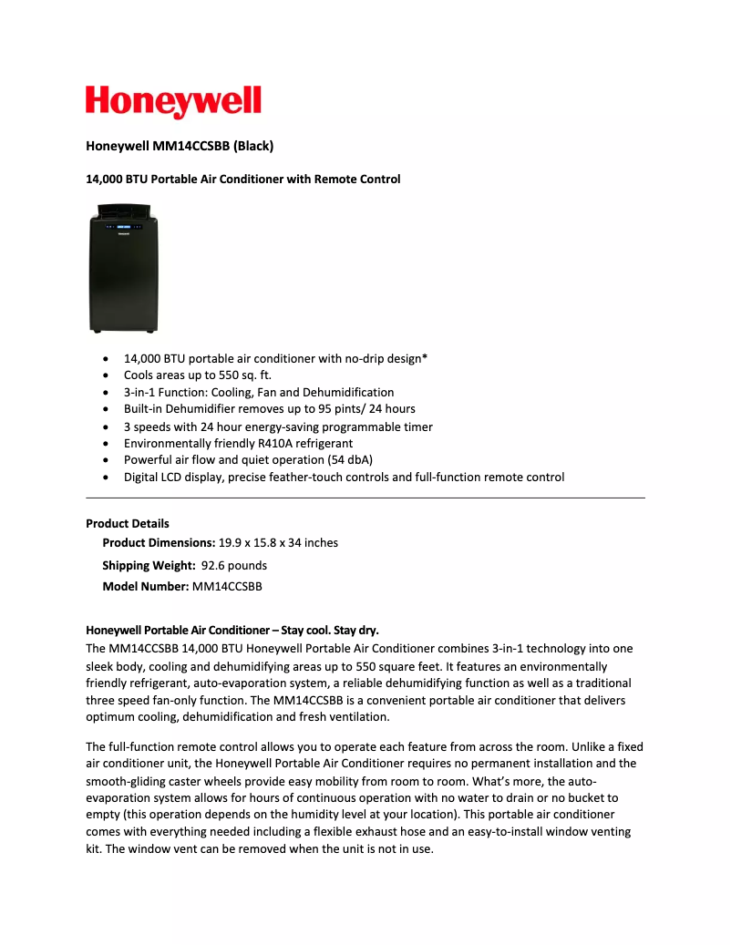 Página 1 del manual Ficha técnica Honeywell MM14CCSBB