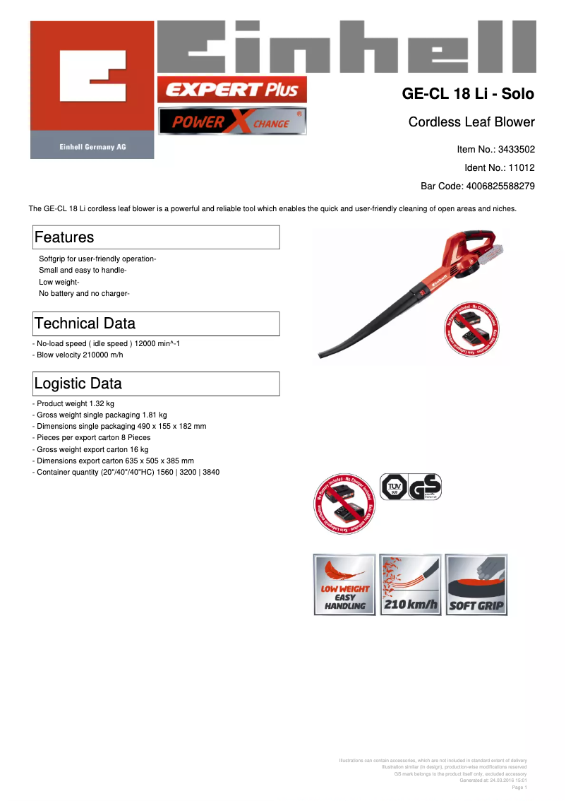 Page 1 de la notice Fiche technique Einhell GE-CL 18 Li-Solo