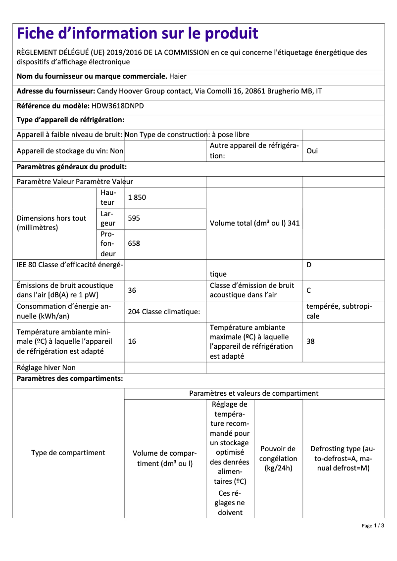Page n°1 - Fiche technique Haier HDW3618DNPD