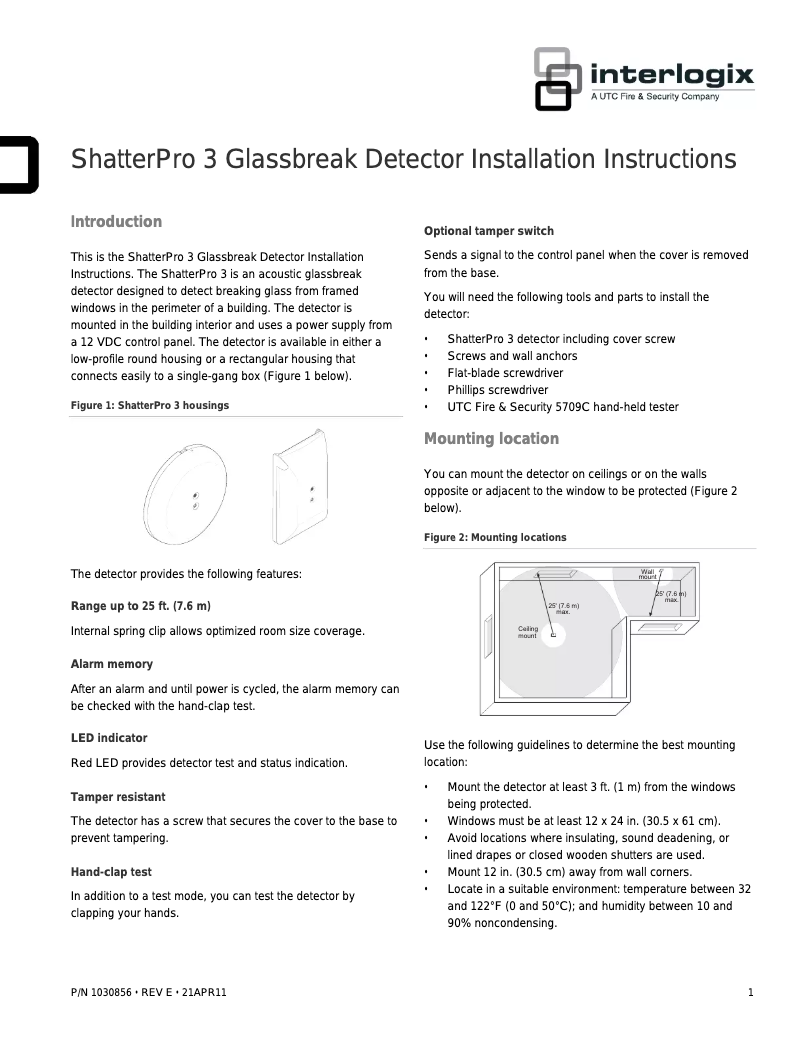 Page 1 de la notice Manuel utilisateur Interlogix ShatterPro 3