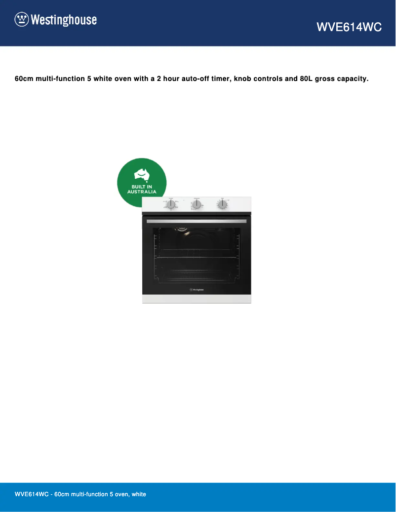 Page 1 de la notice Fiche technique Westinghouse WVE614WC
