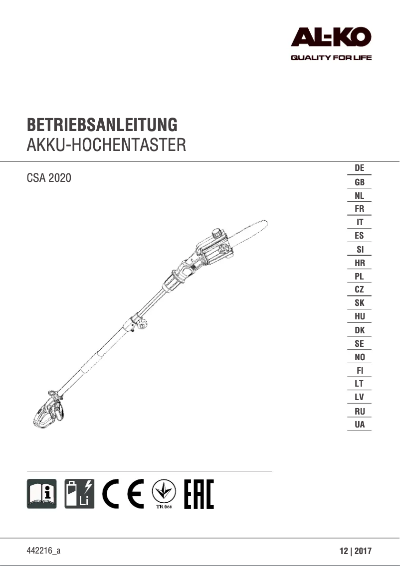 Page n°1 - Manuel utilisateur AL-KO CSA 2020